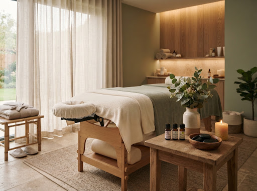 Sala de masajes principal con camilla de madera clara, toallas esponjosas, lámpara cálida y aceites naturales