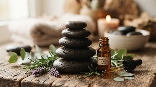 Piedras volcánicas apiladas en equilibrio zen junto a frascos de aceites esenciales puros, romero fresco y lavanda aromática